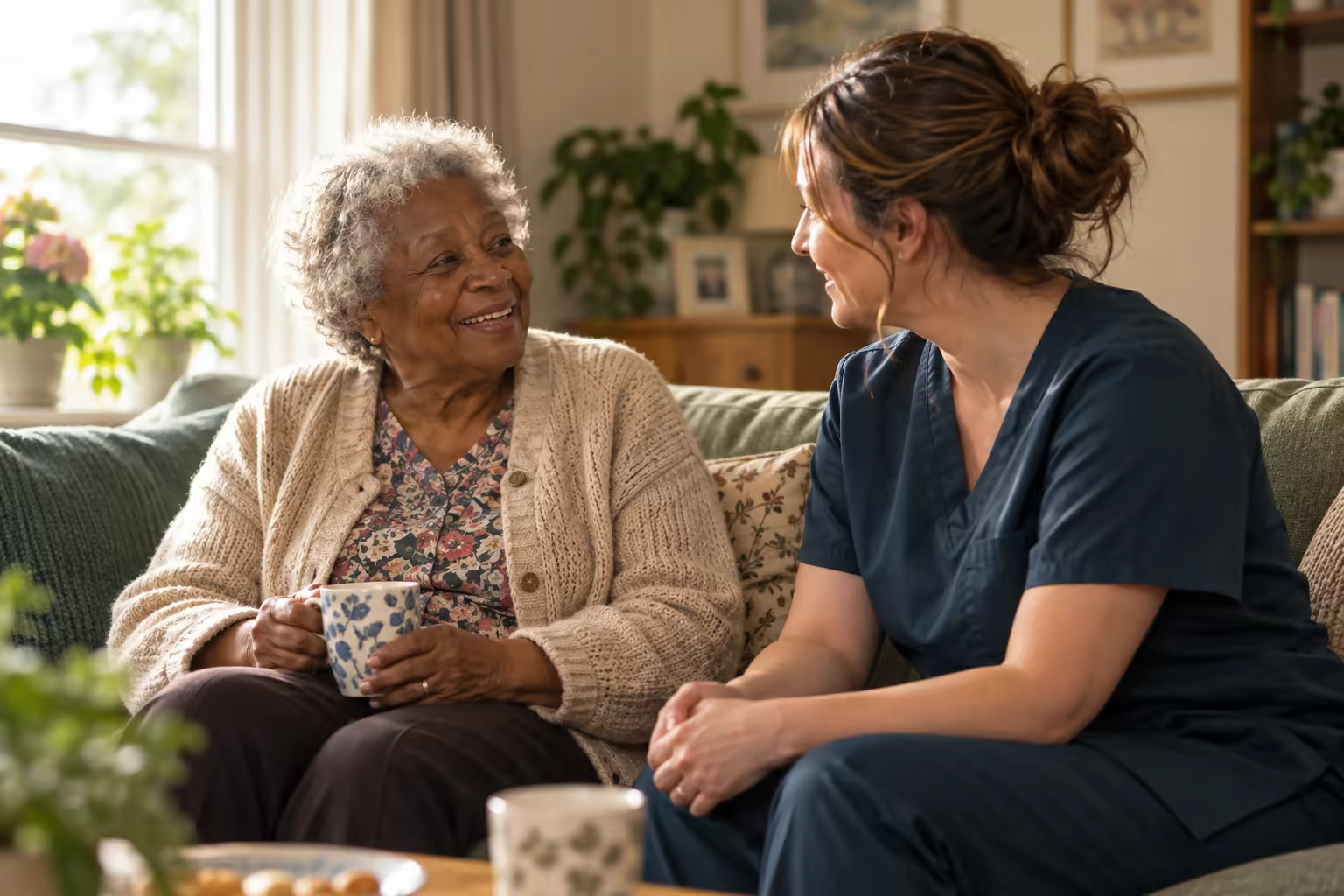An older woman and a care worker sharing a relaxed conversation at home